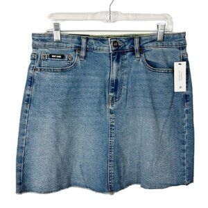 DKNY Women's 10 Mid Rise Denim Mini Skirt Blue Fringed Hem Comfort Stretch NWT